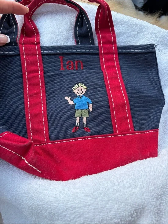 L.L. Bean Navy and Red Personalized “Ian” mini Boat & Tote with Boy Embroidery