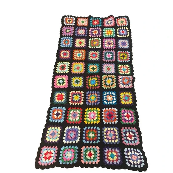 Vintage Granny Square Afghan Crochet Black Blanket Cottage 30