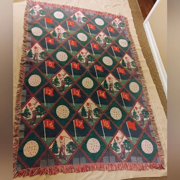 Vintage 90s Golfer 18th Hole Green and Red Weaved Throw Blanket