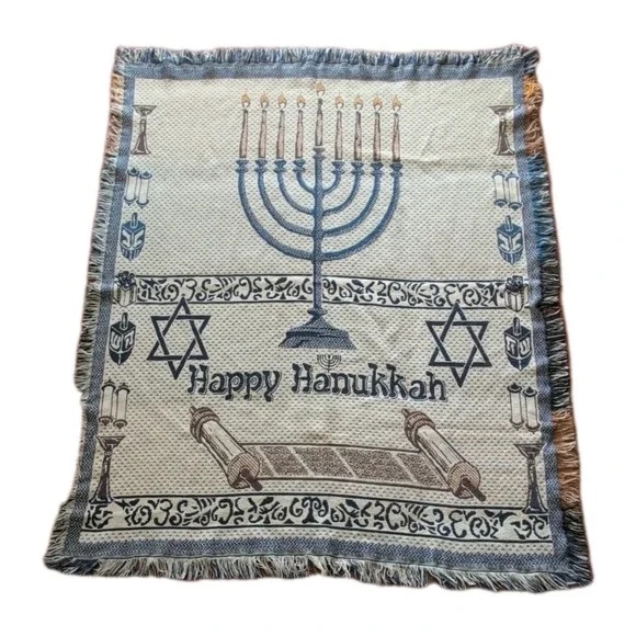 Vintage 1995 Happy Hanukkah Jewish Menorah Torah Woven Throw Blanket Tapestry