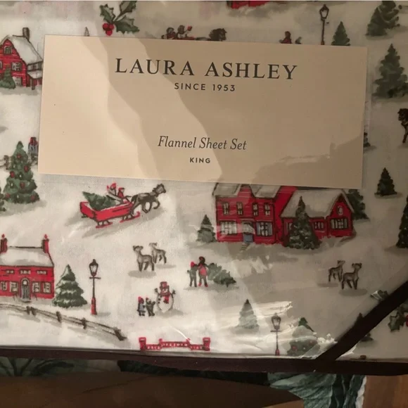 Laura Ashley Festive Holiday village king Flannel Sheet Set - Red and Green