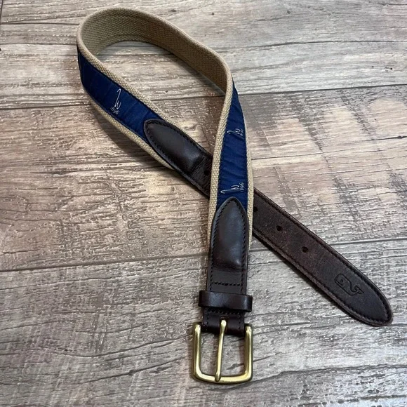 Vineyard‎ Vines Kids Canvas Club Belt Khaki Navy Blue W 1896 Leather Brass 24