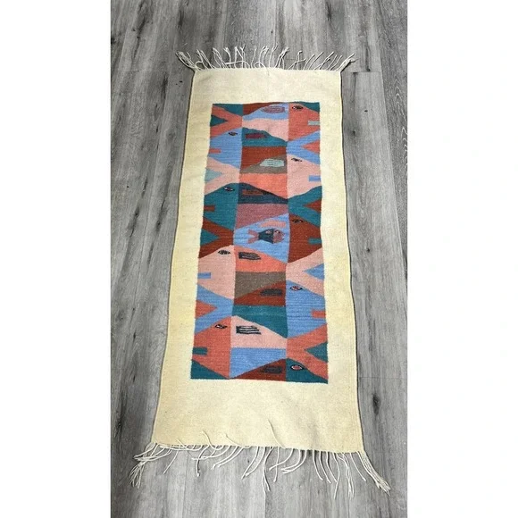 Vintage Zapotec Oaxacan Fringed Mexican Wool Rug Fish Stories Rug 58 X 23.5
