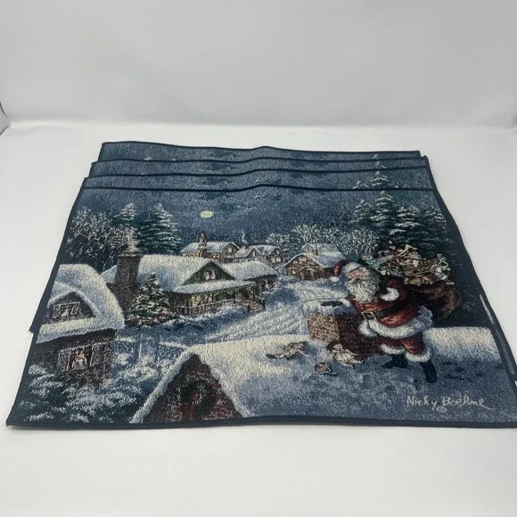Set Of 4 Nicky Boehme Tapestry Christmas Placemats Santa On Rooftop Toy Bag