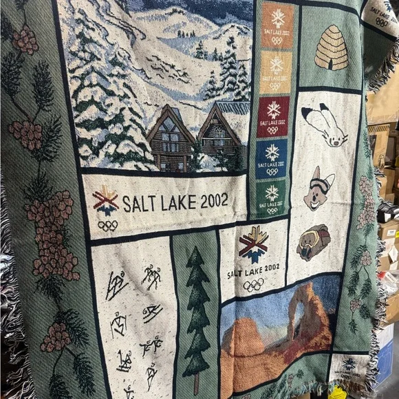 Salt Lake 2002 Olympic Commemorative Throw Blanket - Green, Blue, Cream