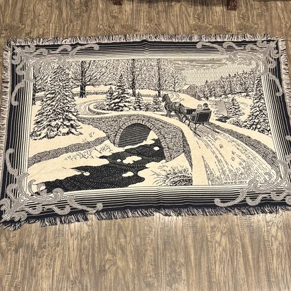 Vintage MWW 1994 Blue and White Winter Scene Tapestry blanket