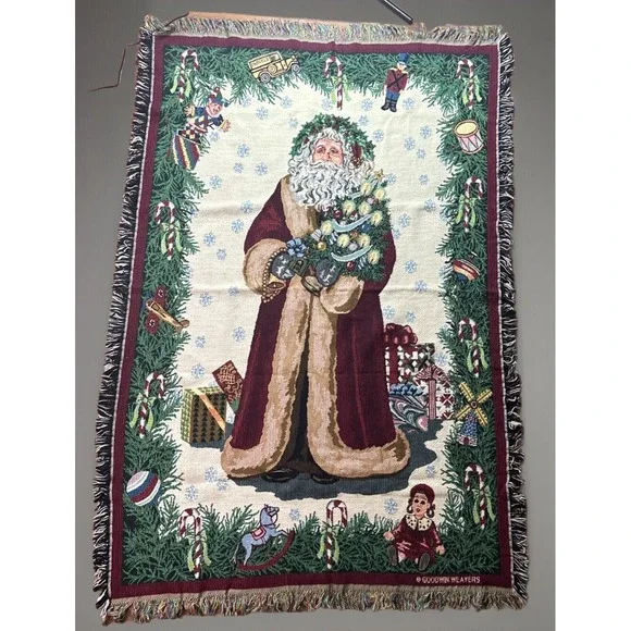 Goodwin Weaver Old World Christmas Santa Tapestry Fringe Throw Blanket 64x44 USA