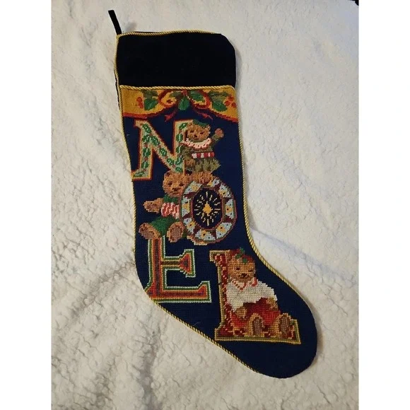 Vintage Needlepoint Christmas Stocking Velvet Backing Fully Lined Bear Noel
