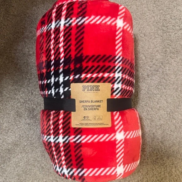 PINK Victoria's Secret Festive Red Plaid Sherpa Throw