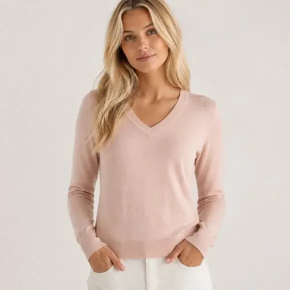 Quince Womens Blush Pink Lightweight Cotton Blend V-Neck Sweater Quiet Luxury L