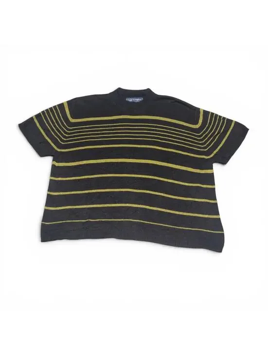 Vintage Black and Yellow Striped Short Sleeve Mock Neck Sweater