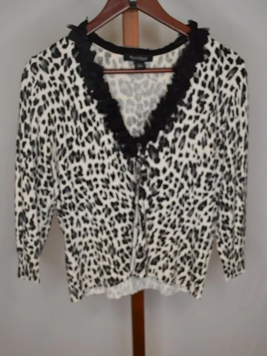 White House Black Market Women’s Large Black Leopard Ruffle Button Cardigan