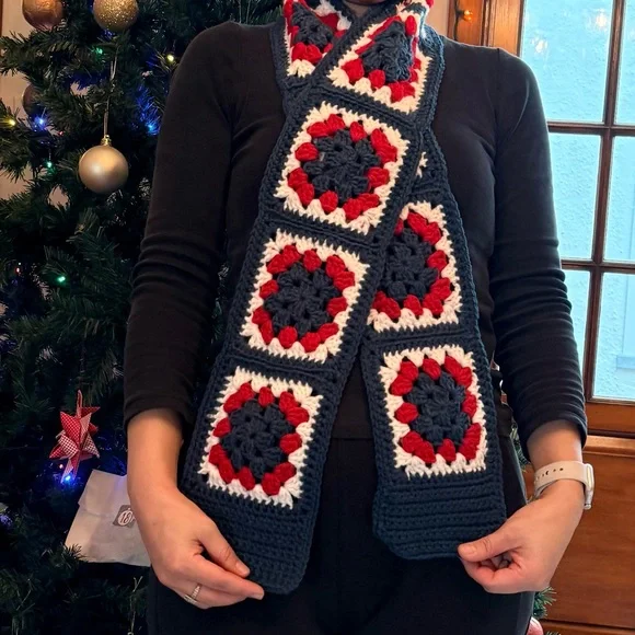 Granny square Crochet scarf blue red white style 61”x5”