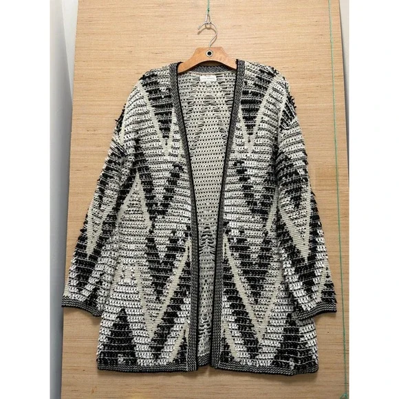 Lucky Brand Womens Large Black White Geometric‎ Chevron Knit Open Front Cardigan