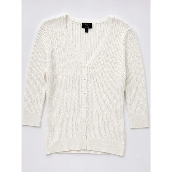 Talbots Petites White Pima Cotton Cable Knit V-Neck Button Front Cardigan L