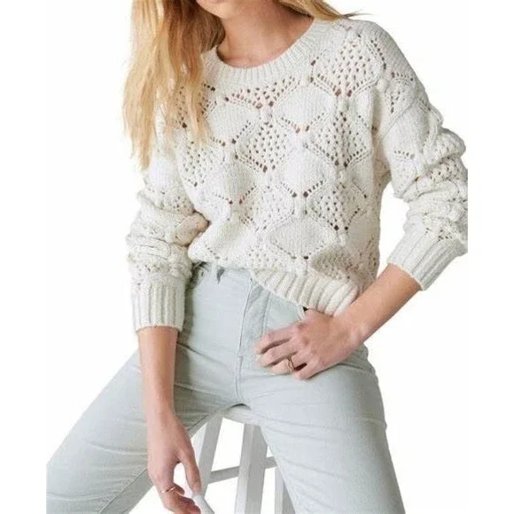Lucky Brand Women's Open Stitch Pullover Sweater Top Whisper Off White XL