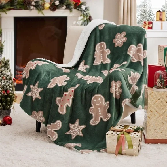 Festive Green Gingerbread Holiday Throw Blanket