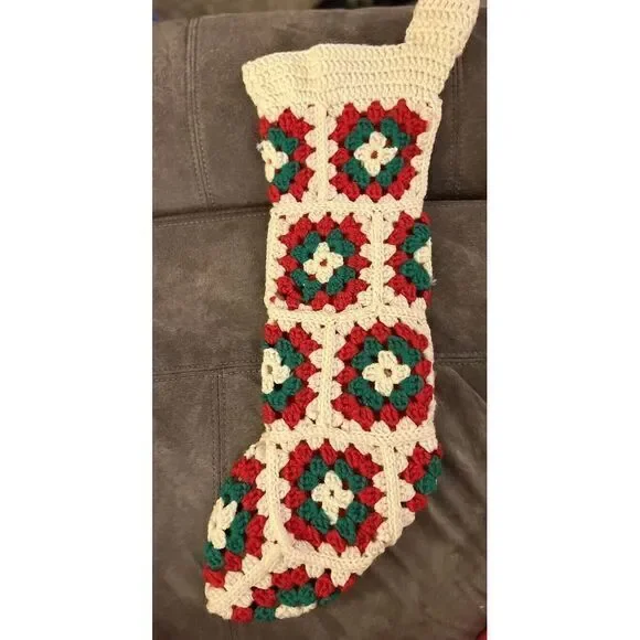 Vintage Handmade Christmas‎ Stocking Granny Square Crochet White Green Red 20x8