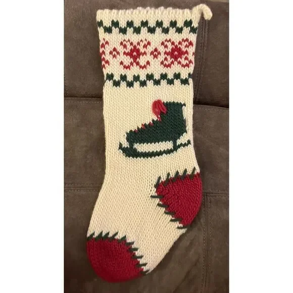 Hand Knit Ivory Christmas Stocking with Ice Skate‎ Sweater Print 18x7 Inches