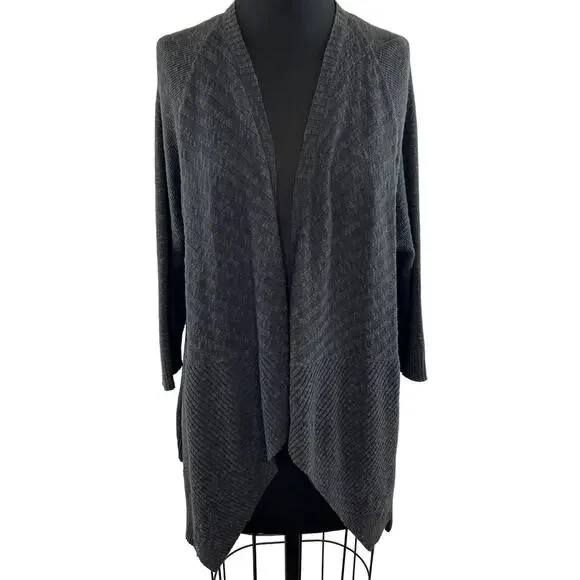 Eileen Fisher Dark Gray Linen Cotton Blend Long Sleeve Open Front Cardigan Sz L