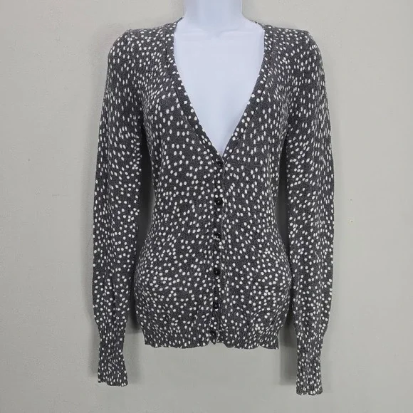 VTG Y2K Old Navy Womens‎ Cardigan Sweater Top Gray Polka-Dot Deep V Neck Preppy