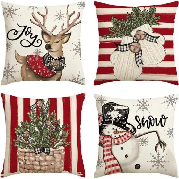 Christmas Snowman Reindeer Gloves Eucalyptus Red Throw Pillow