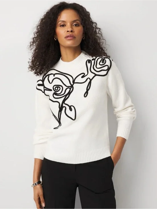 White House Black Market soft pink Sweater with Black Floral Line Art