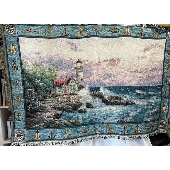 Thomas Kinkade Painter of Light Lighthouse Tapestry Throw Blanket Made in USA