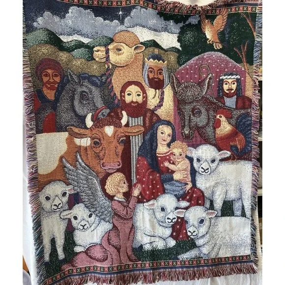 Christmas Nativity Tapestry Throw Blanket Cotton Approx 44 x 54 Beautiful