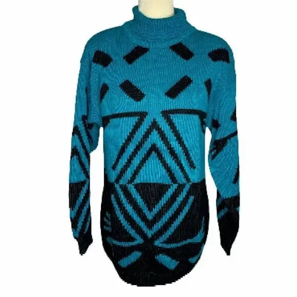 Vintage Mock Neck Chunky Knit Sweater S Blue Black