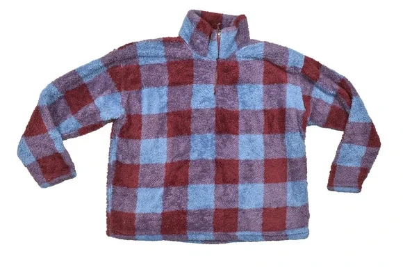 Eddie Bauer Women XXL Fleece Pullover Quarter Zip Plaid Check Blue Maroon Heavyw