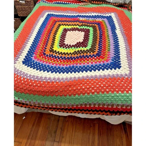 VTG Handmade Afghan Blanket 70s Crochet Multicolor Retro Full/Queen  Approx 75 i