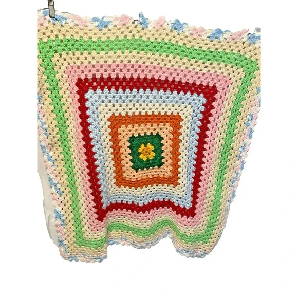 Shabby Cottage Chic Hand Crocheted Blanket Afghan Multicolor 34