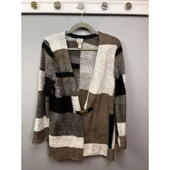 Chicos Patchwork Cardigan Womens‎ Small 0 Brown Tan soft Clasp Office Fall