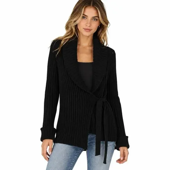 Heartloom Womens Black Mohair Blend Shawl Collar Wrap Cardigan Cozy Sweater Sz S