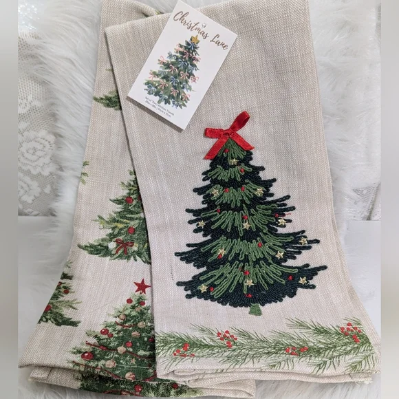 Christmas Tree Embroidered Holiday Towel Set 100%Cotton