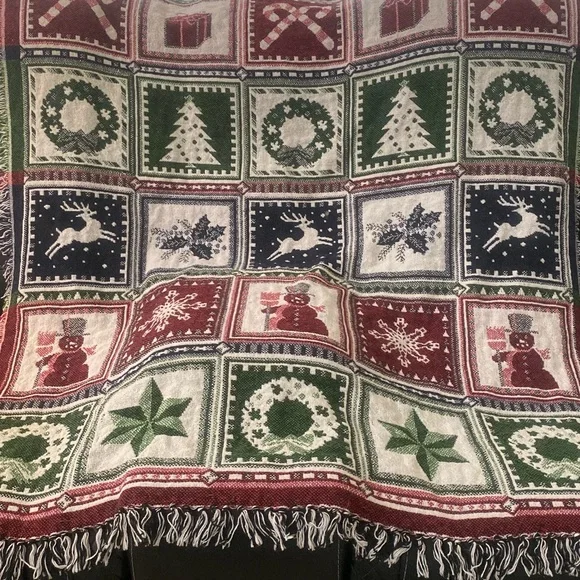 Christmas Holiday Throw Blanket Patchwork Pattern Snowman Snowflake Reindeer