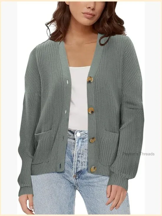 Lightweight Knit Open Front V-Neck Long Sleeve Button Down Cardigan with Pockets