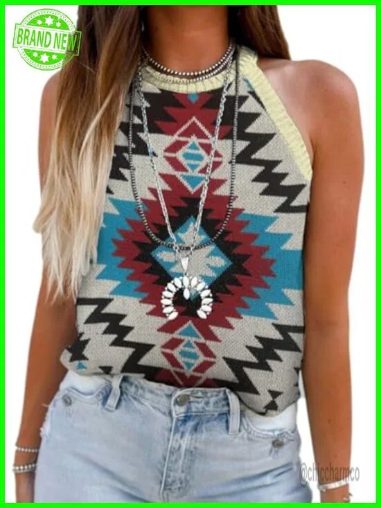 Women Sleeveless Sweater Tank Round Neck Casual Geometric Knit Top