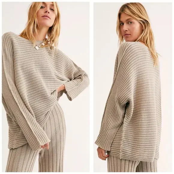 Free People Beach Imogene Sweater Size XS Tan Ribbed Oversized Open Knit