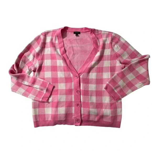 Talbots Petite Pink Gingham Buffalo Check Button Front Cardigan Sweater LP