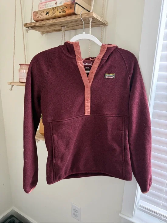L.L. Bean Women's Burgundy Pullover Fleece with Coral Trim