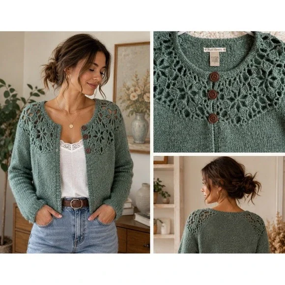 Ruff Hewn Cardigan Women S Green Excellent Crochet Lace Yoke Wool Blend Sweater