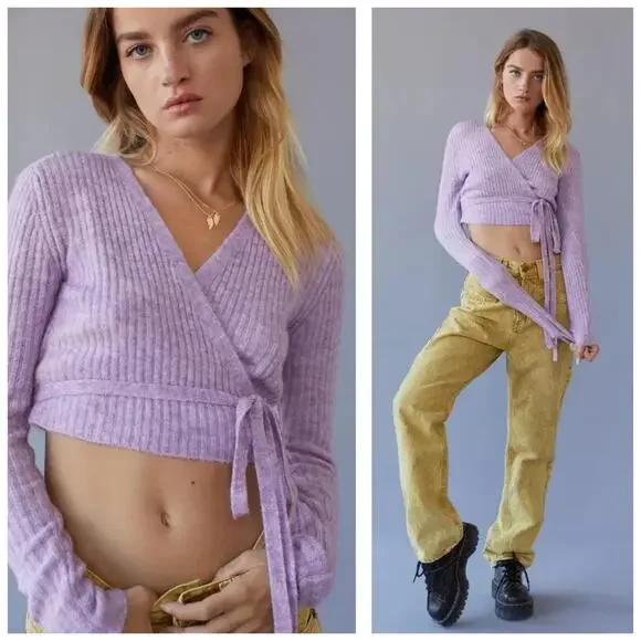 NWT Urban Outfitters Bibi Wrap Sweater Top Size Small Purple Knit Crop Ballerina