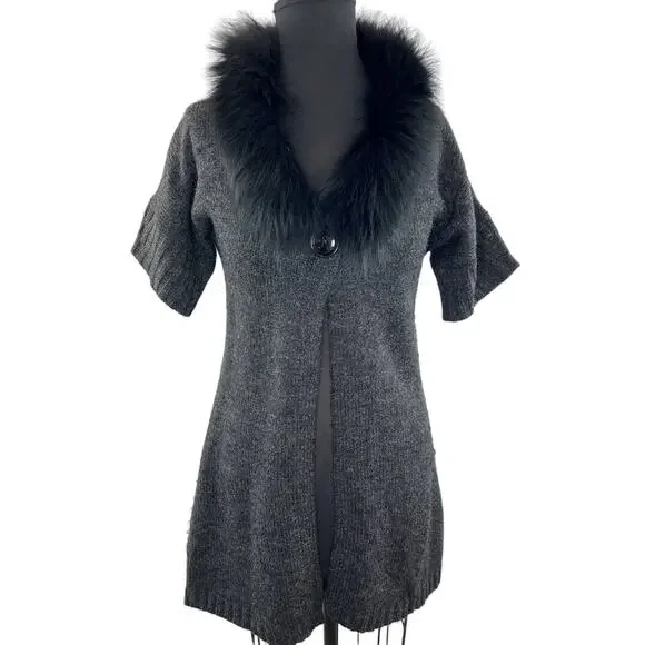 Sisters Dark Gray Wool Blend Fur Trim Short Sleeve Cardigan Sweater S Small