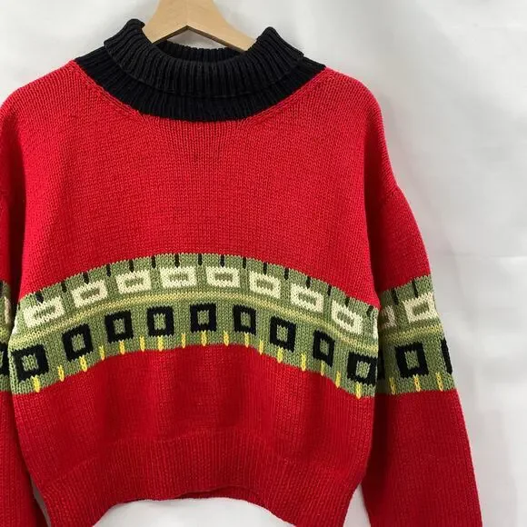 Vintage Hand knit red pattern‎ turtleneck sweater