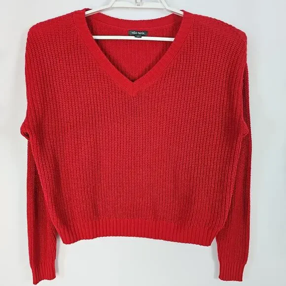 Wild Fable Women Sz S Red Waffle Knit Pullover Cropped Sweater LongSleeve V-neck