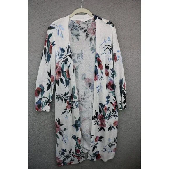 J. Jill Long Open Front Cardigan-Linen Blend-Floral-Medium-Cottagecore