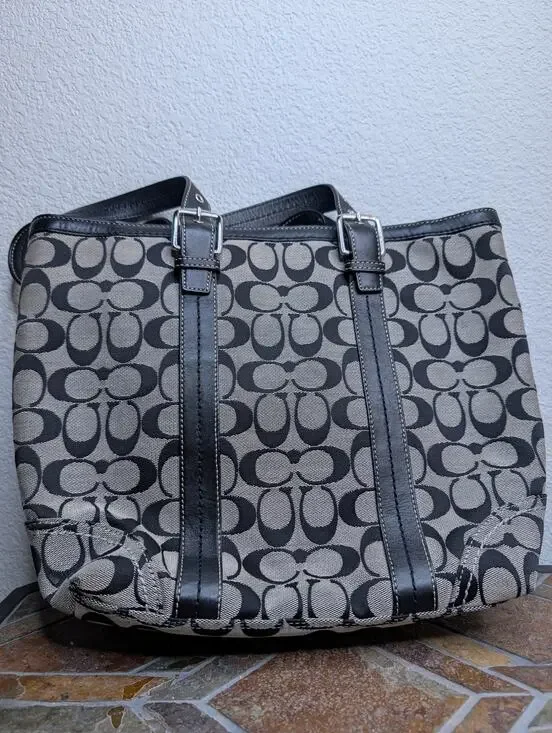 Coach Hamptons Signature F12645 Jacquard Tote Bag Black/Gray Preppy Shoulder