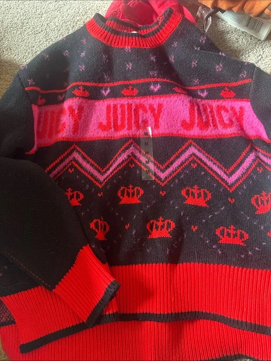 NWT Juicy Couture Black, Hot Pink & Red Crown Logo Knit Sweater rare liquorice